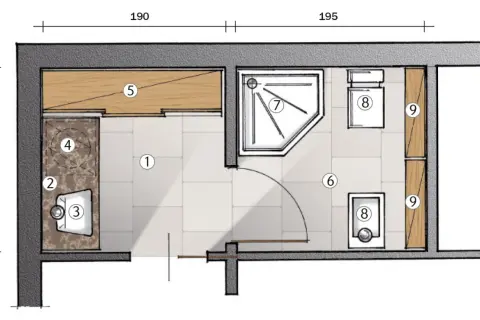 Progetto per un piccolo antibagno: lavabo (3), specchio (2), mobile (4), armadio (5), doccia (7), WC (6) e lavatrice (8).