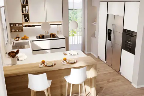 Cucina moderna con isola in legno, sgabelli bianchi e elettrodomestici integrati. Ottime idee cucina per un ambiente luminoso e funzionale.