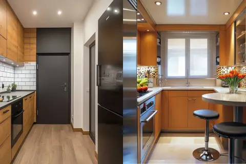 Soluzioni intelligenti per progetti cucine piccole e strette: mobili in legno, elettrodomestici a vista e un'area pranzo compatta.