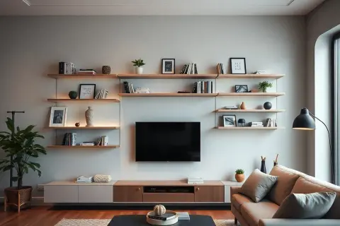 Soluzione moderna per arredare una parete con mensole: libri, vasi e piante creano un'atmosfera accogliente.
