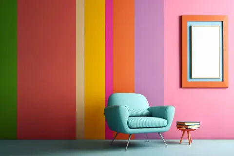 Poltrona azzurra su sfondo a strisce verticali con vivaci colori primaverili. Un quadro arancione e una pila di libri completano la scena.