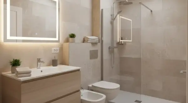 Bagno moderno con lavabo, bidet e doccia. Un secondo bagno piccolissimo, ma funzionale, con specchio illuminato e finiture in legno chiaro.