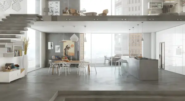 Interni moderni con cucina a isola, zona pranzo e soppalco. I **colori resina cucina** dominano il pavimento e le superfici, creando un ambiente minimalista e sofisticato.