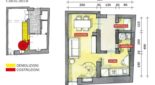 Progetti casa a due piani interno: planimetria piano terra con soggiorno, cucina, lavanderia, ripostiglio e scala a chiocciola. Indicazioni demolizioni/costruzioni.