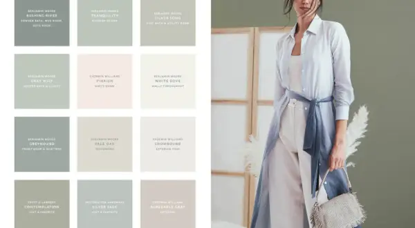 Palette di colori che si abbinano con il grigio, con nomi di vernici e suggerimenti d'uso.