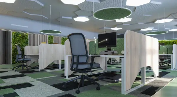 Ufficio moderno con pareti verdi, soffitto esagonale e tappeto geometrico. Ottime idee arredamento ufficio per un ambiente stimolante.