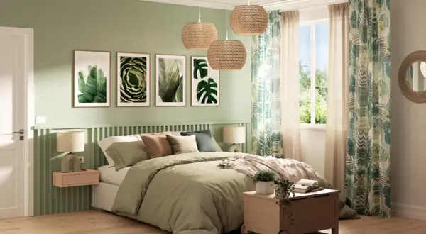 Camera da letto con pareti verdi, quadri botanici, tende tropicali e lampade in rattan. Un esempio di come rinnovare una vecchia camera da letto con stile naturale.