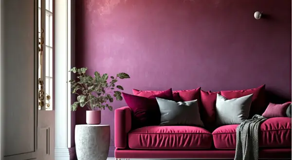 Divano fucsia acceso con cuscini in varie tonalità di rosa e grigio, su sfondo murale viva magenta.