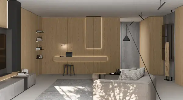 Moderna zona giorno con pannelli in legno e illuminazione integrata, perfette idee per dividere zona giorno da zona notte.