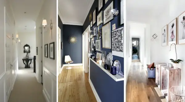Idee per un corridoio stretto: tre stili diversi, da quello classico con specchio a quello moderno con galleria d'arte e minimalista con stampe.