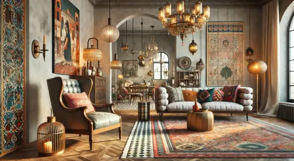Un salotto con un accogliente stile eclettico casa, ricco di tappeti orientali, mobili d'epoca e lampade decorative.