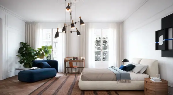 Elegante camera da letto con divanetto blu, letto moderno e scrivania. Idee originali per un ambiente sofisticato e accogliente.