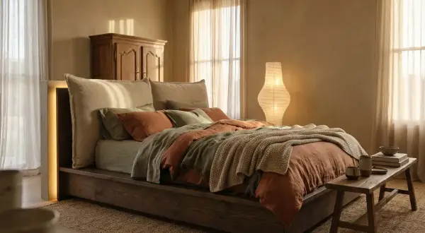 Camera da letto mix antico e moderno: letto basso in legno scuro, testiera imbottita, lenzuola color terra e verde salvia, coperta in maglia, armadio antico, lampada di carta.