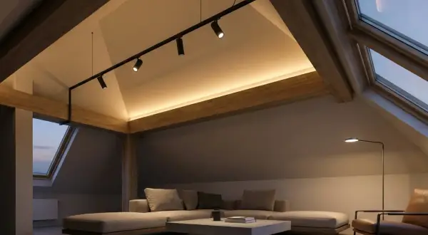 Illuminazione mansarda con tetto spiovente, travi a vista e faretti moderni. Accogliente salotto con divano angolare e poltrona in pelle.