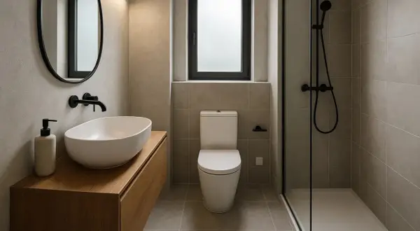 Bagno piccolo con gradino, lavabo ovale, specchio rotondo, doccia con piatto a filo pavimento e finestra opaca.