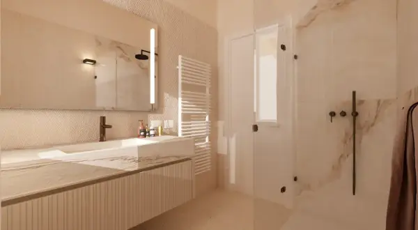 Un bagno elegante e raffinato con lavabo in marmo, specchio illuminato, doccia in cristallo e scaldasalviette.