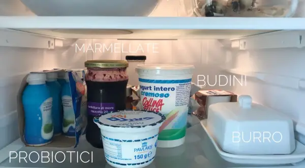 Ecco come organizzare il frigo: yogurt, probiotici, marmellate, budini e burro ben disposti per un facile accesso.