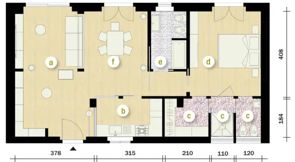 Pianta di un progetto casa 70 mq rettangolare: soggiorno (a), cucina (b), bagni (c), camera da letto (d), bagno con vasca (e), zona pranzo (f).