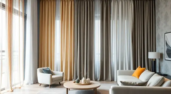 Tendenze tende camera da letto: tessuti stratificati in tonalità neutre e calde creano un'atmosfera accogliente.