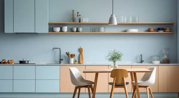 Cucina moderna con mobili azzurri e legno chiaro. I colori cucina creano un'atmosfera rilassante, con mensole a vista e un tavolo da pranzo.