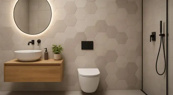 Bagno moderno con piastrelle esagonali beige, lavabo sospeso in legno e specchio rotondo illuminato. Idee bagno piastrelle per un look sofisticato.