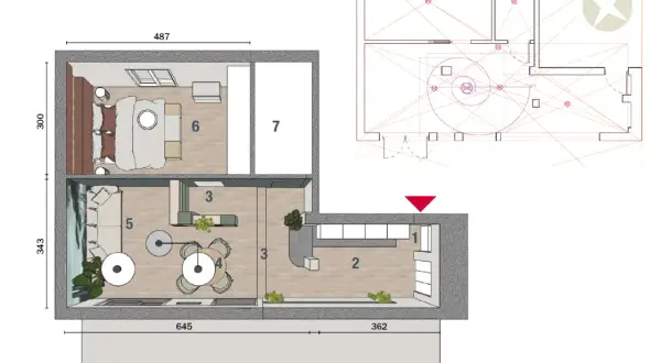 Planimetria casa 50 mq 2 camere: zona giorno con cucina a vista (1, 2), sala da pranzo (4), soggiorno (5), camera da letto (6) e altra camera (7).