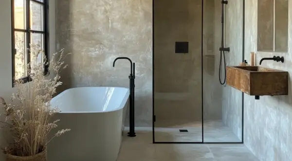 Bagno moderno con vasca freestanding, doccia walk-in e lavabo in legno grezzo. Pareti effetto resina e dettagli neri.