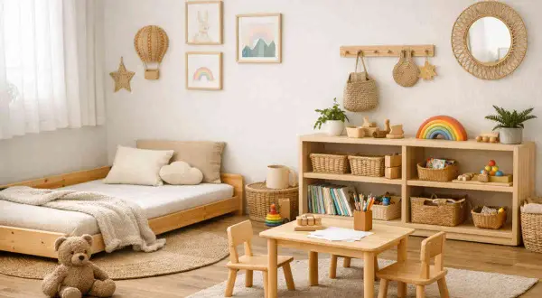 Cameretta con letto basso, tavolino e sedie in legno, scaffali con giochi e decorazioni naturali. Idee cameretta Montessori per un ambiente sereno e stimolante.