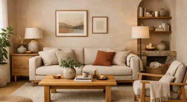 Un salotto accogliente con divano beige, tavolino in legno e quadri alle pareti. I **colori caldi** dominano, creando un'atmosfera rilassante.