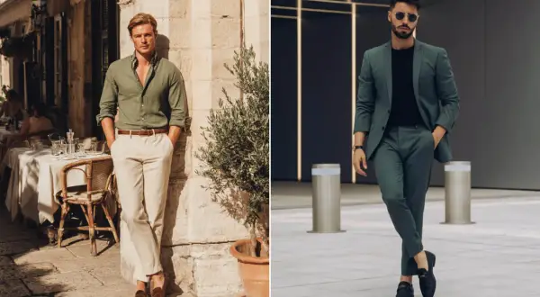Uomo in camicia verde oliva e pantaloni chiari, e uomo in completo verde oliva. Eleganti abbinamenti.