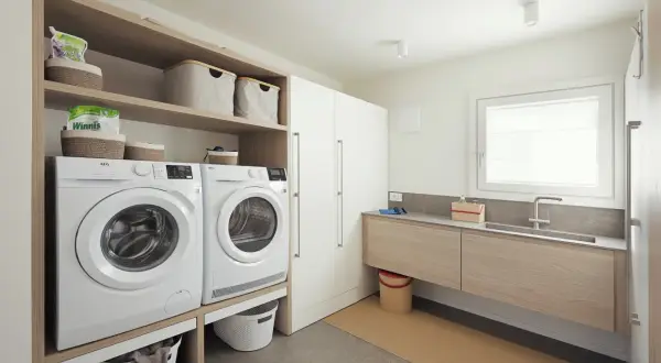 Progetto bagno con lavanderia: lavatrice, asciugatrice, lavabo e armadi, tutto organizzato per un ambiente funzionale.