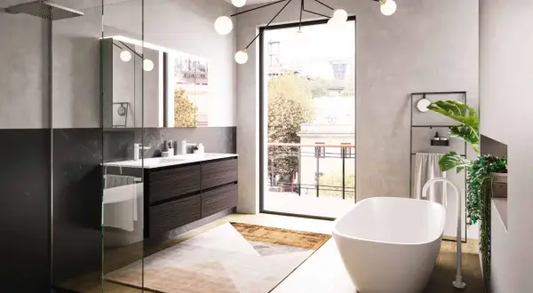 Bagno moderno con vasca freestanding, doppio lavabo e doccia walk-in. Il tappeto geometrico e le tonalità neutre creano un'atmosfera di colore bagno rilassante.