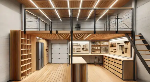 Moderna officina con soppalco in legno, illuminazione a LED e pareti attrezzate. Ottime idee per soppalco in legno funzionale e di design.