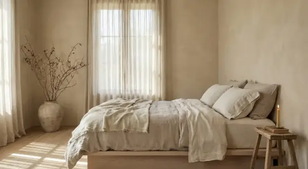 Camera da letto con pareti color sabbia e mobili chiari. Un letto con lenzuola di lino beige, un vaso con rami secchi e una candela accesa.