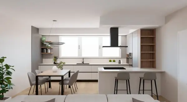 Elegante cucina open space con isola, bancone snack, tavolo da pranzo e cappa nera.