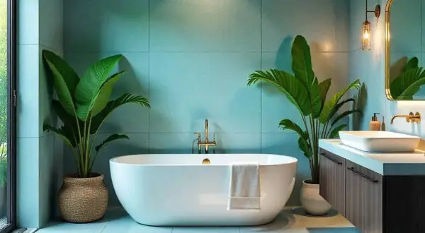 Un moderno bagno verde e beige con vasca freestanding, piante rigogliose e lavabo integrato.