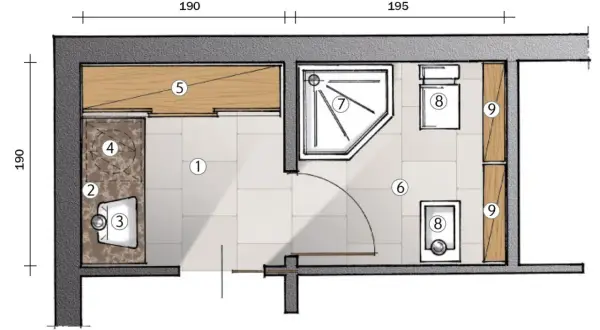 Progetto per un piccolo antibagno: lavabo (3), specchio (2), mobile (4), armadio (5), doccia (7), WC (6) e lavatrice (8).