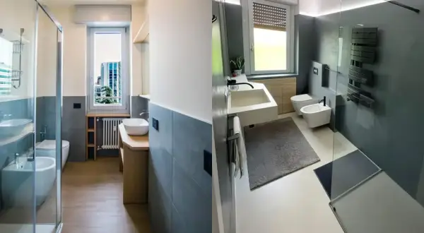 Bagno piccolo stretto con doccia in vetro, lavabo moderno e sanitari sospesi. Pareti grigie e pavimento in legno chiaro.