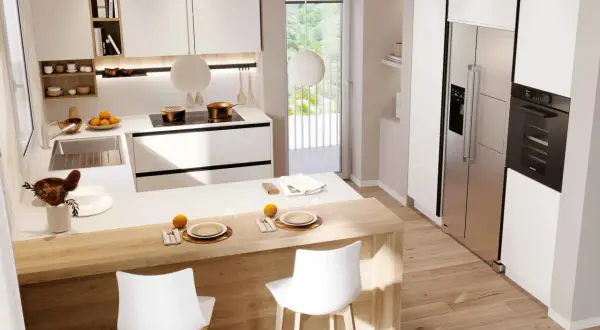 Cucina moderna con isola in legno, sgabelli bianchi e elettrodomestici integrati. Ottime idee cucina per un ambiente luminoso e funzionale.