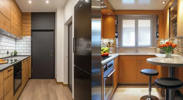 Soluzioni intelligenti per progetti cucine piccole e strette: mobili in legno, elettrodomestici a vista e un'area pranzo compatta.