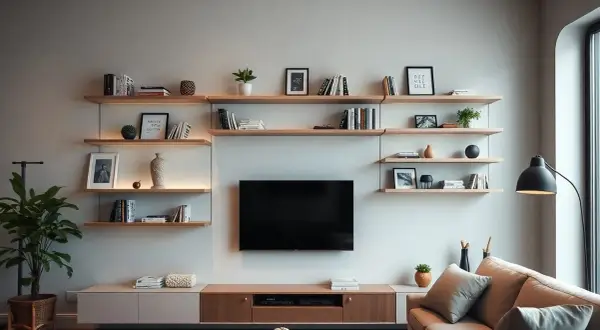Soluzione moderna per arredare una parete con mensole: libri, vasi e piante creano un'atmosfera accogliente.