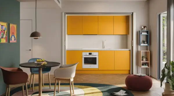 Una cucina piccola con mobili gialli vivaci, un tavolo rotondo con sedie colorate e un tappeto circolare.