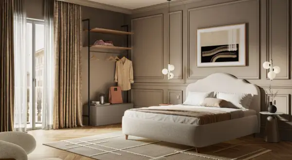 Camera da letto elegante, perfetta per arredare un B&B. Letto imbottito, armadio a giorno, poltrone e un quadro astratto creano un'atmosfera accogliente.