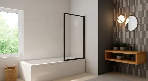 Bagno moderno con vasca e doccia integrate, separata da un pannello in vetro nero. Finestra luminosa, mobile lavabo in legno e specchio rotondo.