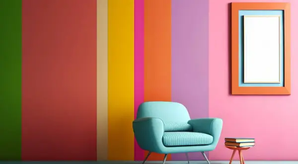 Poltrona azzurra su sfondo a strisce verticali con vivaci colori primaverili. Un quadro arancione e una pila di libri completano la scena.