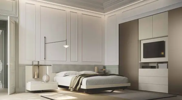 Camera da letto moderna con pareti decorate, letto king-size, comodini minimalisti e armadio a muro. Ottime idee pareti camera da letto moderna.