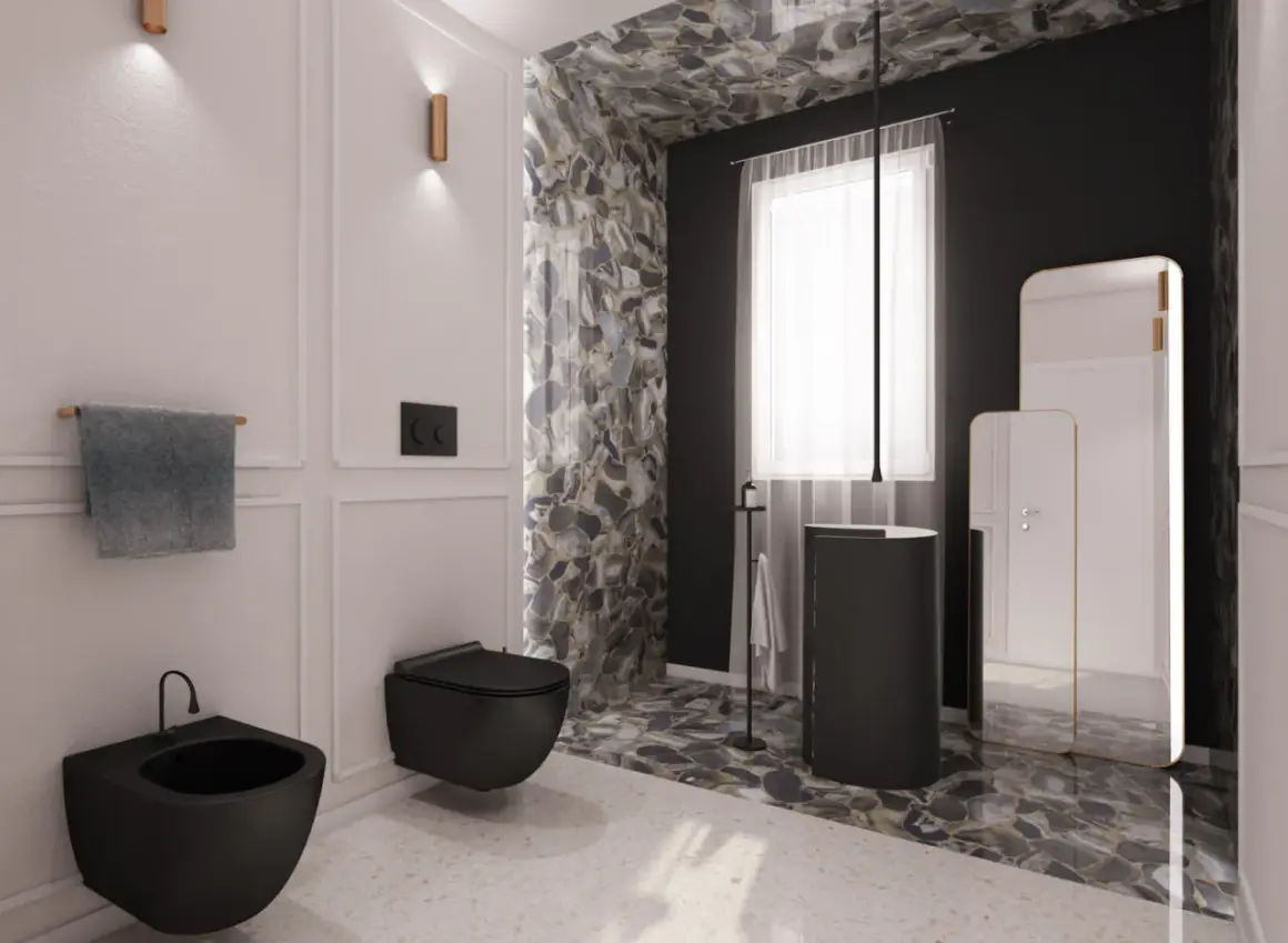 Elegante bagno bianco e nero con sanitari sospesi, rivestimenti in pietra naturale e specchi moderni.