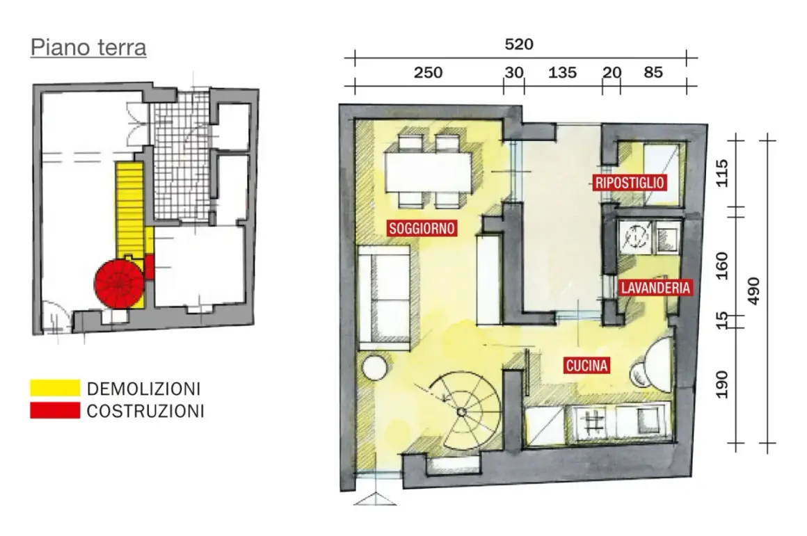 Progetti casa a due piani interno: planimetria piano terra con soggiorno, cucina, lavanderia, ripostiglio e scala a chiocciola. Indicazioni demolizioni/costruzioni.