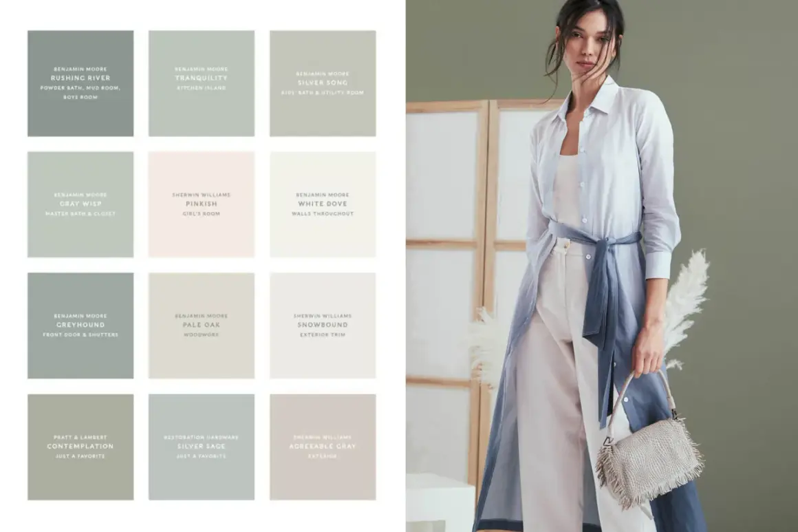 Palette di colori che si abbinano con il grigio, con nomi di vernici e suggerimenti d'uso.