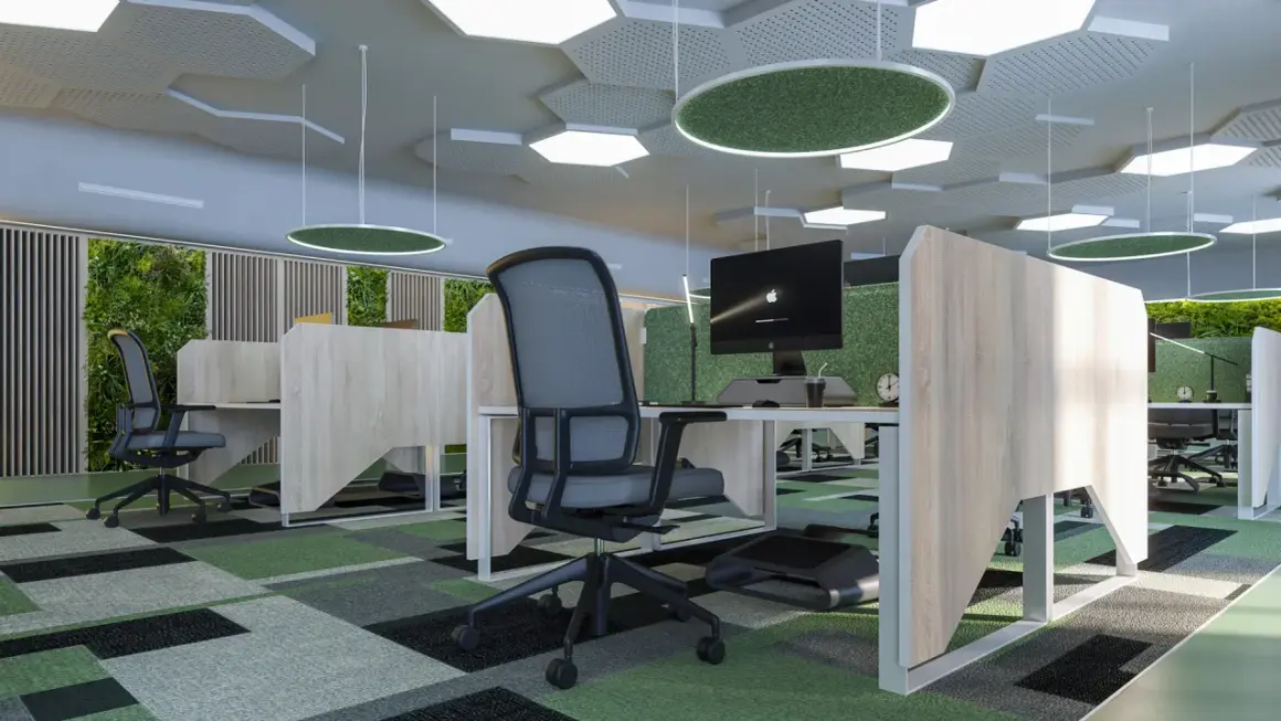 Ufficio moderno con pareti verdi, soffitto esagonale e tappeto geometrico. Ottime idee arredamento ufficio per un ambiente stimolante.